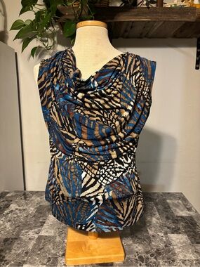 dressbarn Blue and Tan Draped Cowl Neck Sleeveless Top